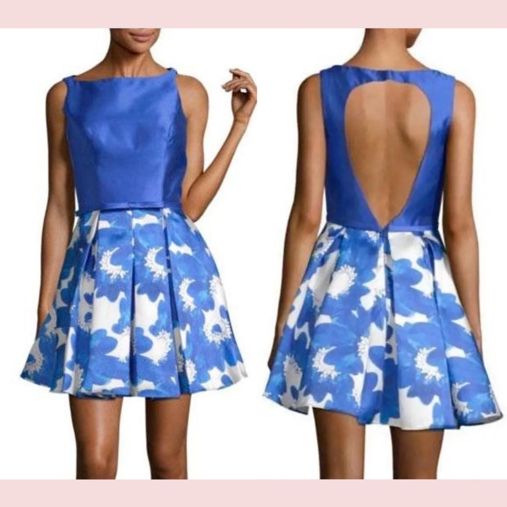 NEW $220 Glamour by Terani Couture [ 8 ] Floral Open Back Mini Dress Blue‎
